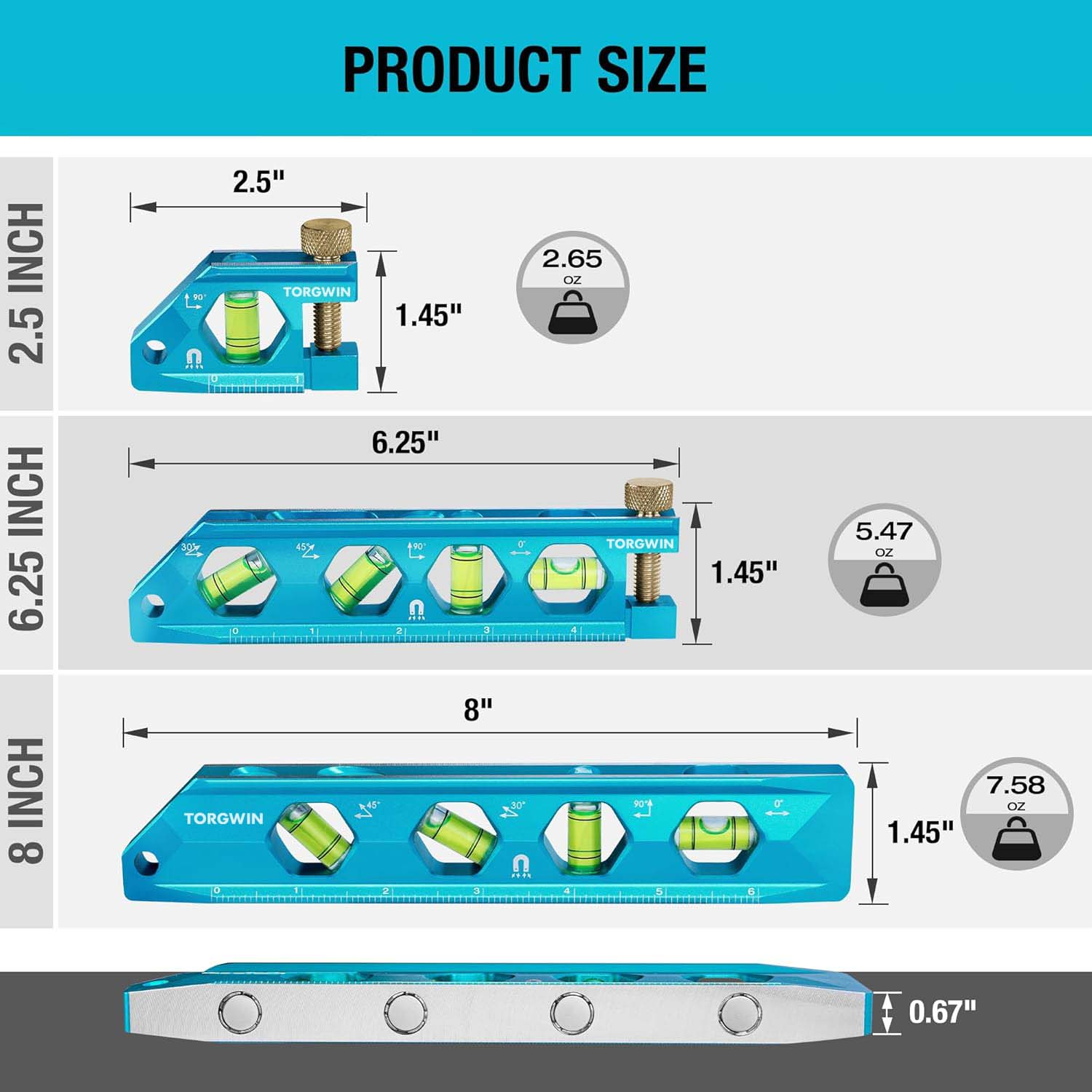 3-Piece Level Tool Set၊ Magnetic Torpedo Level ပါဝင်သော 2.5